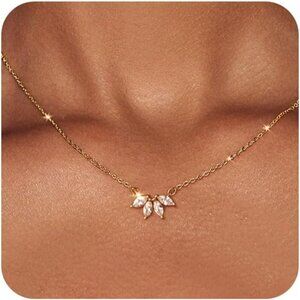 Trendy 18K Gold-Flower Plated Paperclip Necklace - Diamond Oval Jewelry